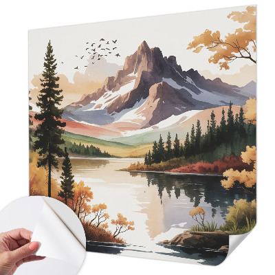 Self-adhesive wall mural featuring an autumn mountain scene