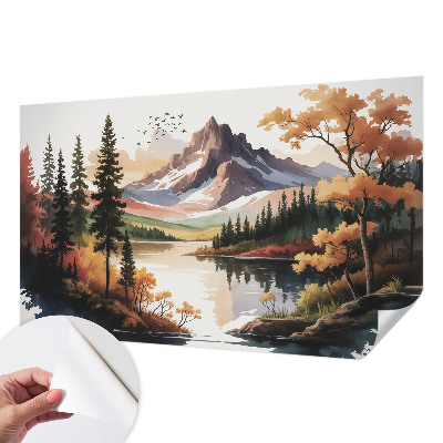 Self-adhesive wall mural featuring an autumn mountain scene