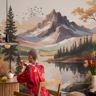 Self-adhesive wall mural featuring an autumn mountain scene