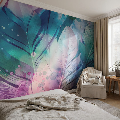 Self-adhesive photo wallpaper with a colorful feather pattern