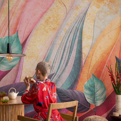Peel and stick wallpaper mural with an abstract leaves design