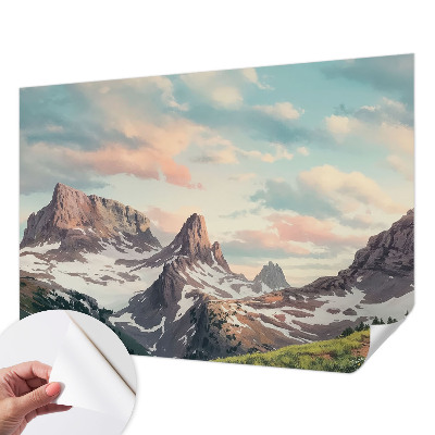 Removable wall mural with a mountain panorama design
