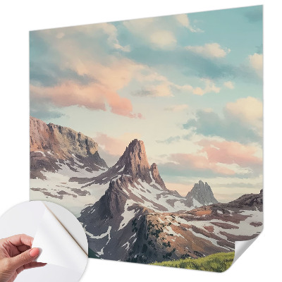 Removable wall mural with a mountain panorama design