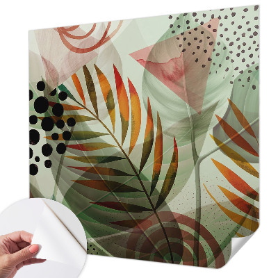 Peel and stick wall mural for living room with an abstract leaves design