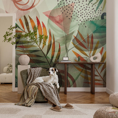 Peel and stick wall mural for living room with an abstract leaves design