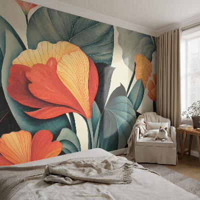 Nursery wall mural with colorful flower illustrations