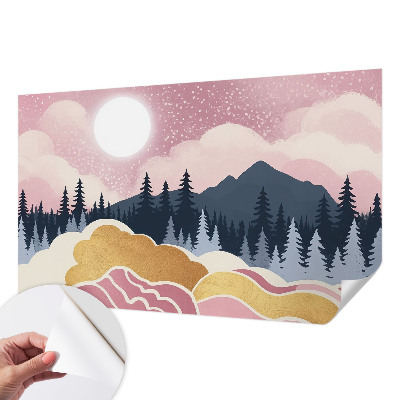 Peel and stick wall mural for living room with a pink sunset design