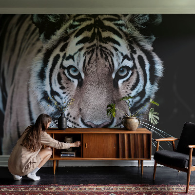 Nursery wall mural with a realistic tiger portrait for a child's room