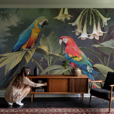 Peel and stick wall mural for bedroom Colorful parrots