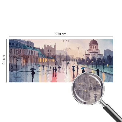3D wall mural featuring a rainy street scene titled 