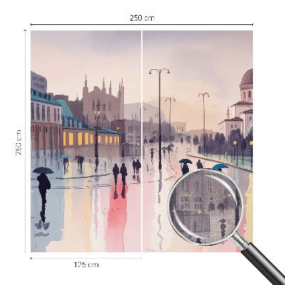 3D wall mural featuring a rainy street scene titled 