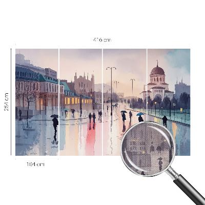 3D wall mural featuring a rainy street scene titled 