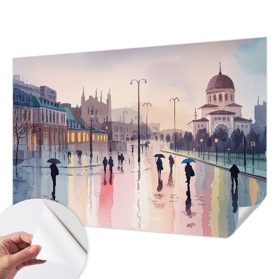 3D wall mural featuring a rainy street scene titled 