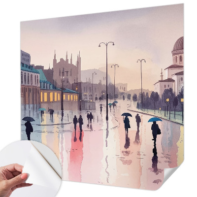 3D wall mural featuring a rainy street scene titled 