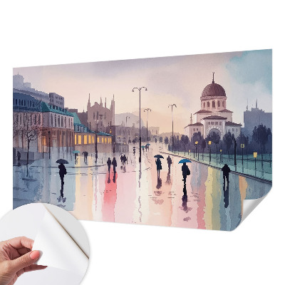 3D wall mural featuring a rainy street scene titled 