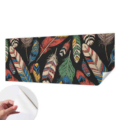 Peel and stick wall mural for bedroom with a colorful feather design