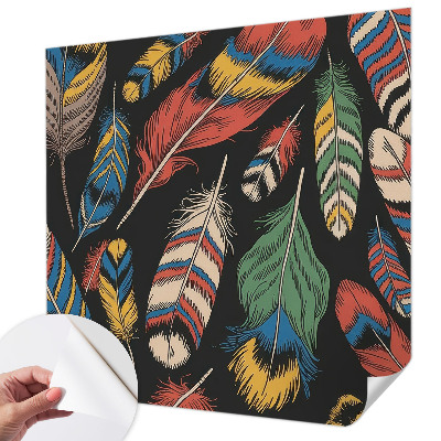 Peel and stick wall mural for bedroom with a colorful feather design