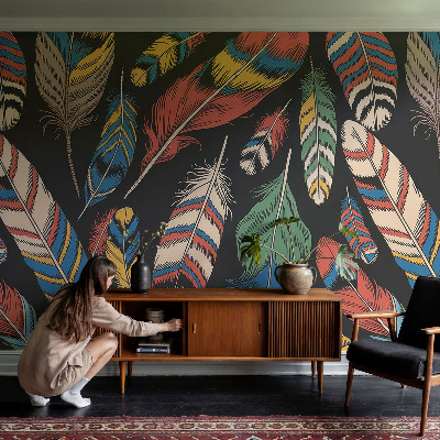 Peel and stick wall mural for bedroom with a colorful feather design