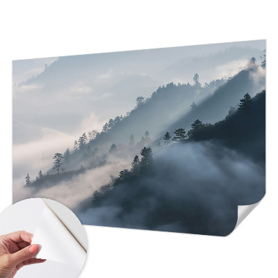 Baby room wall mural with a foggy landscape design