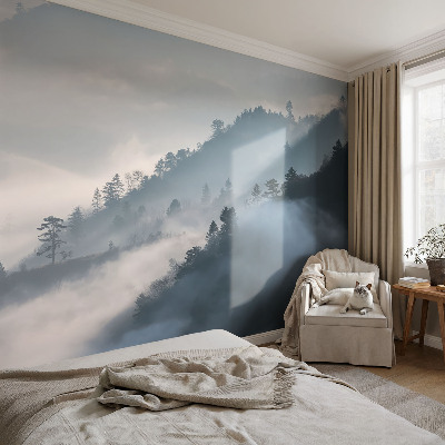 Baby room wall mural with a foggy landscape design