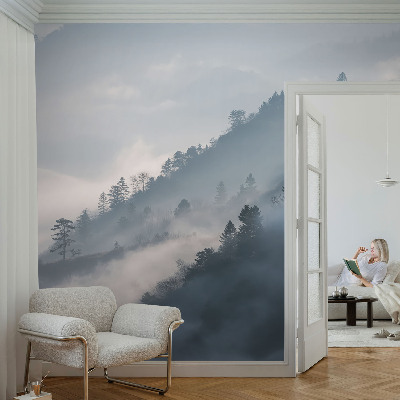 Baby room wall mural with a foggy landscape design