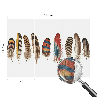 Peel and stick wallpaper mural with a colorful feather pattern