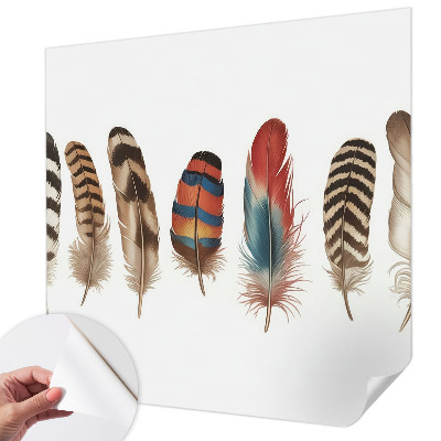 Peel and stick wallpaper mural with a colorful feather pattern
