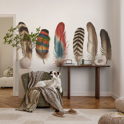 Peel and stick wallpaper mural with a colorful feather pattern