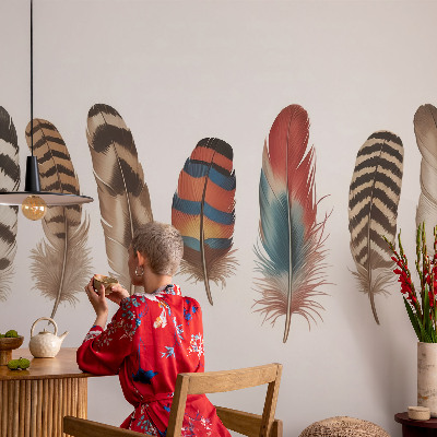 Peel and stick wallpaper mural with a colorful feather pattern