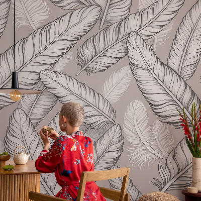 Peel and stick wall mural for living room with a subtle feather pattern
