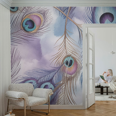 Removable wall mural wallpaper with a peacock feather design