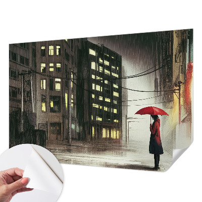 3D wall mural featuring a rainy city scene
