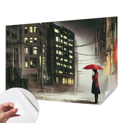 3D wall mural featuring a rainy city scene