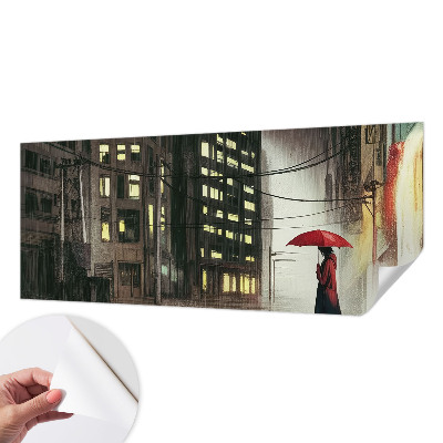 3D wall mural featuring a rainy city scene