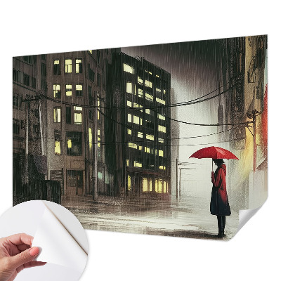 3D wall mural featuring a rainy city scene