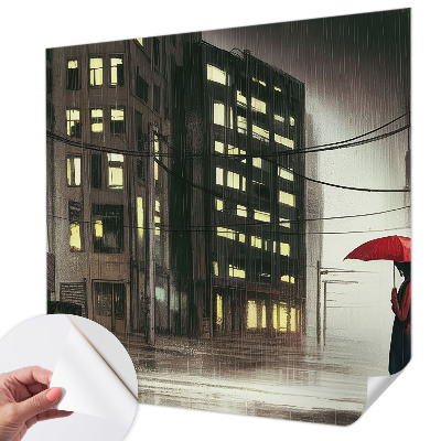3D wall mural featuring a rainy city scene