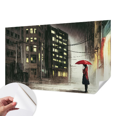 3D wall mural featuring a rainy city scene