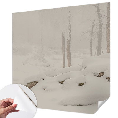 Children's wall mural with a snowy forest design