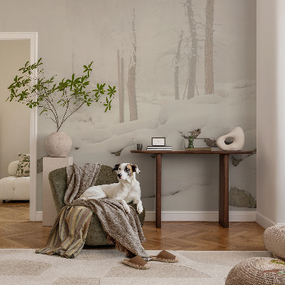 Children's wall mural with a snowy forest design