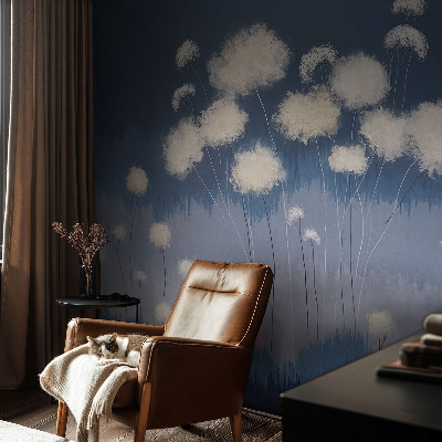 Baby room wall mural with white dandelion illustrations