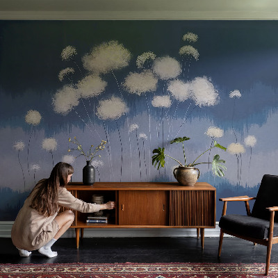 Baby room wall mural with white dandelion illustrations