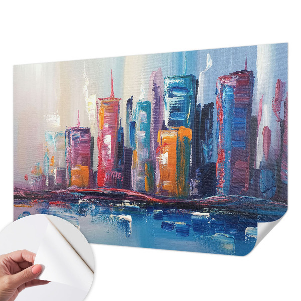 Self-adhesive wall mural featuring a colorful city design