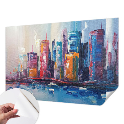 Self-adhesive wall mural featuring a colorful city design
