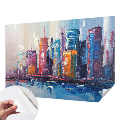 Self-adhesive wall mural featuring a colorful city design