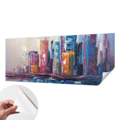 Self-adhesive wall mural featuring a colorful city design