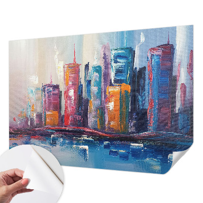 Self-adhesive wall mural featuring a colorful city design
