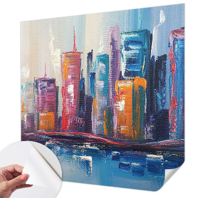 Self-adhesive wall mural featuring a colorful city design