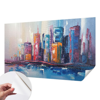 Self-adhesive wall mural featuring a colorful city design