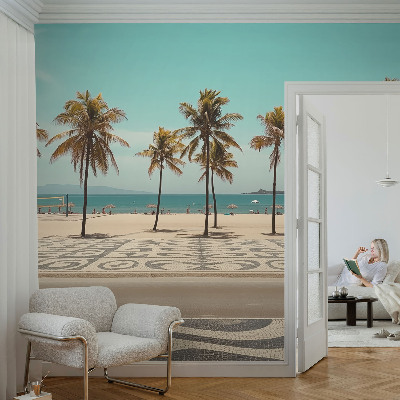 Self-adhesive wall mural with a palm tree beach motif