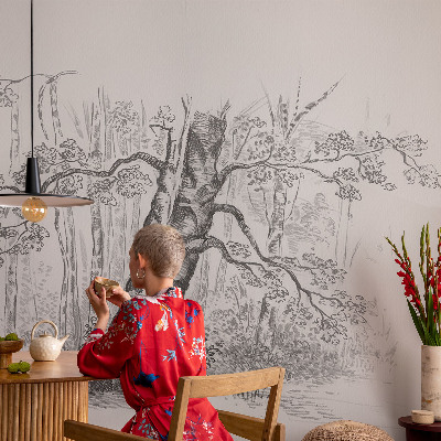 Removable wall mural wallpaper with a forest tree design